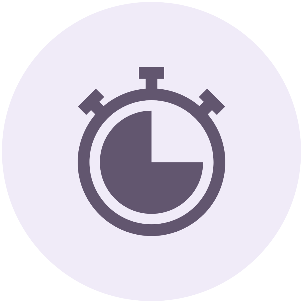Stopwatch icon with three-quarters elapsed time inside a light purple circle.