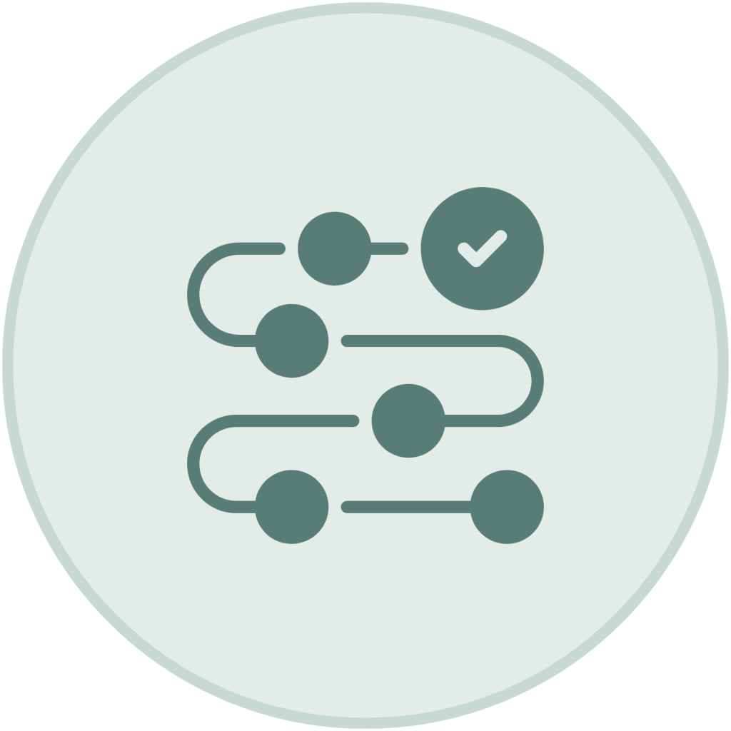 Green process roadmap icon with milestone nodes and a checkmark completion badge inside a light blue-green circle.
