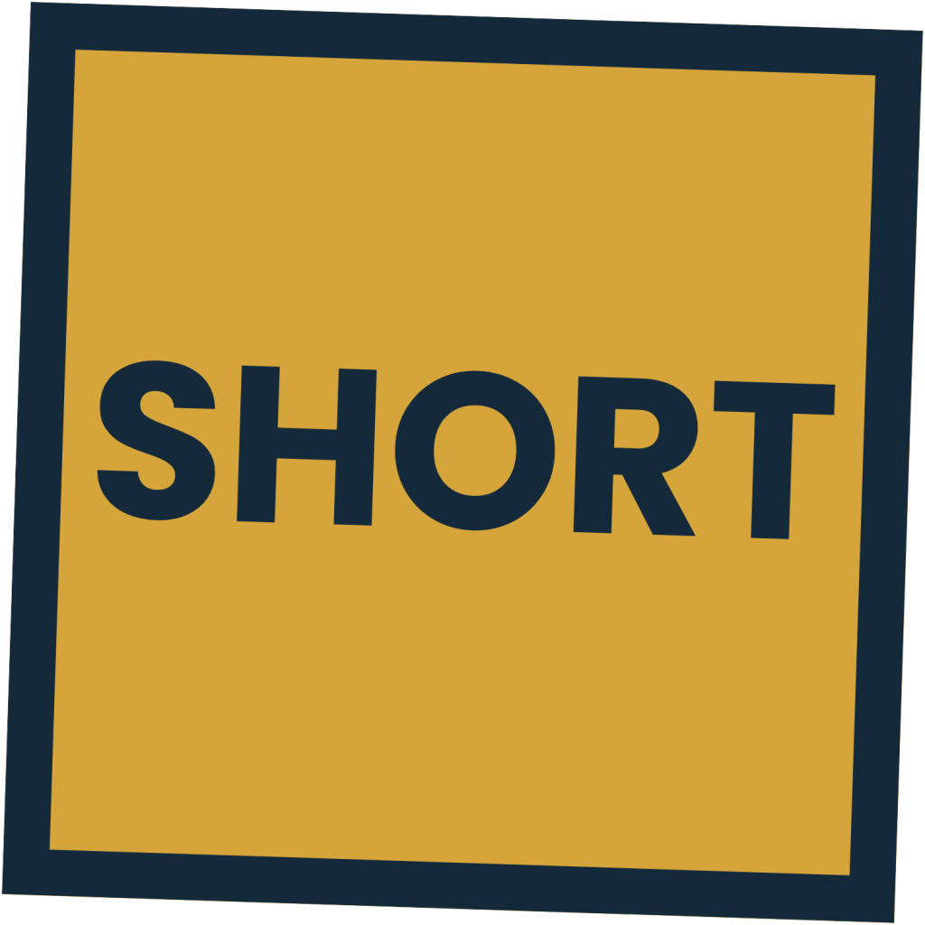 Bold dark blue text SHORT centered inside a mustard yellow square with a matching dark blue border.