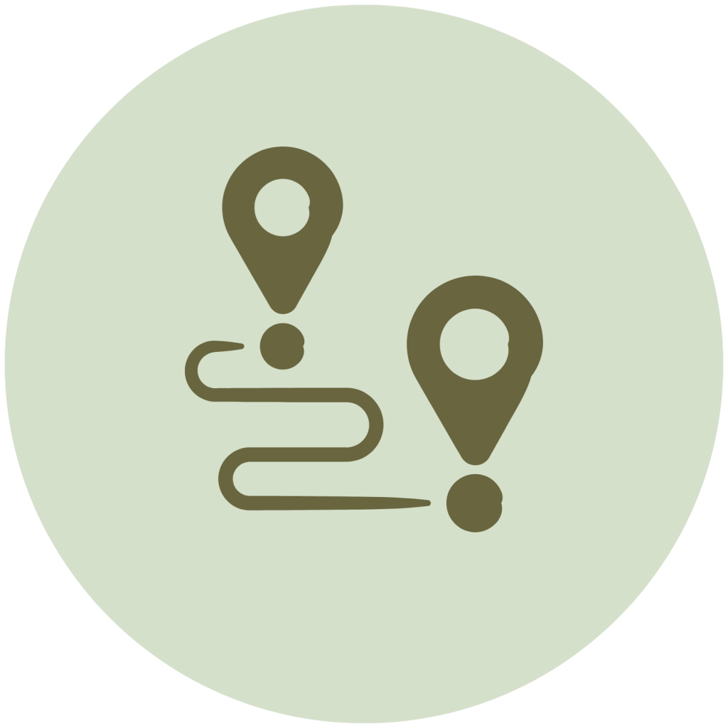 A green winding path icon starting with a circle and ending with a pin, on a light green circular background.