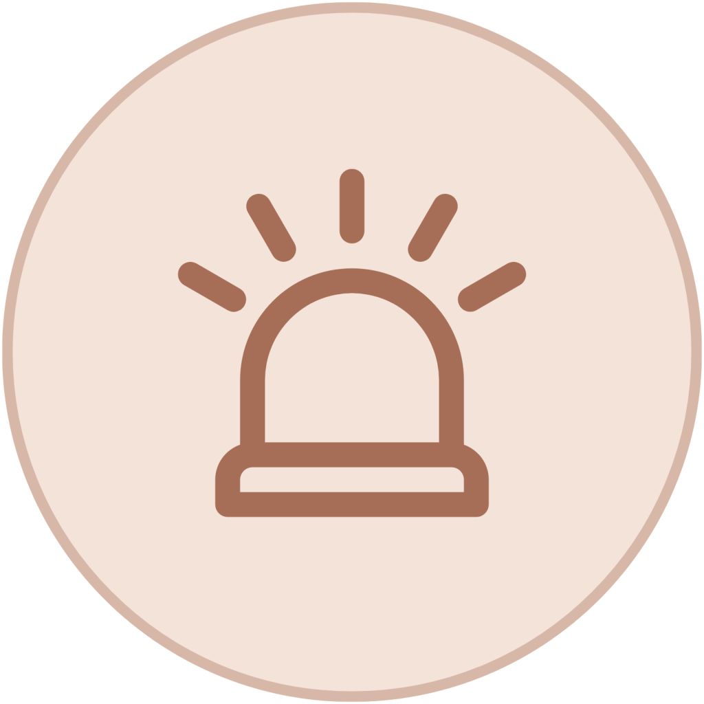 Brown outline siren alarm icon with flashing rays inside a light peach circle.