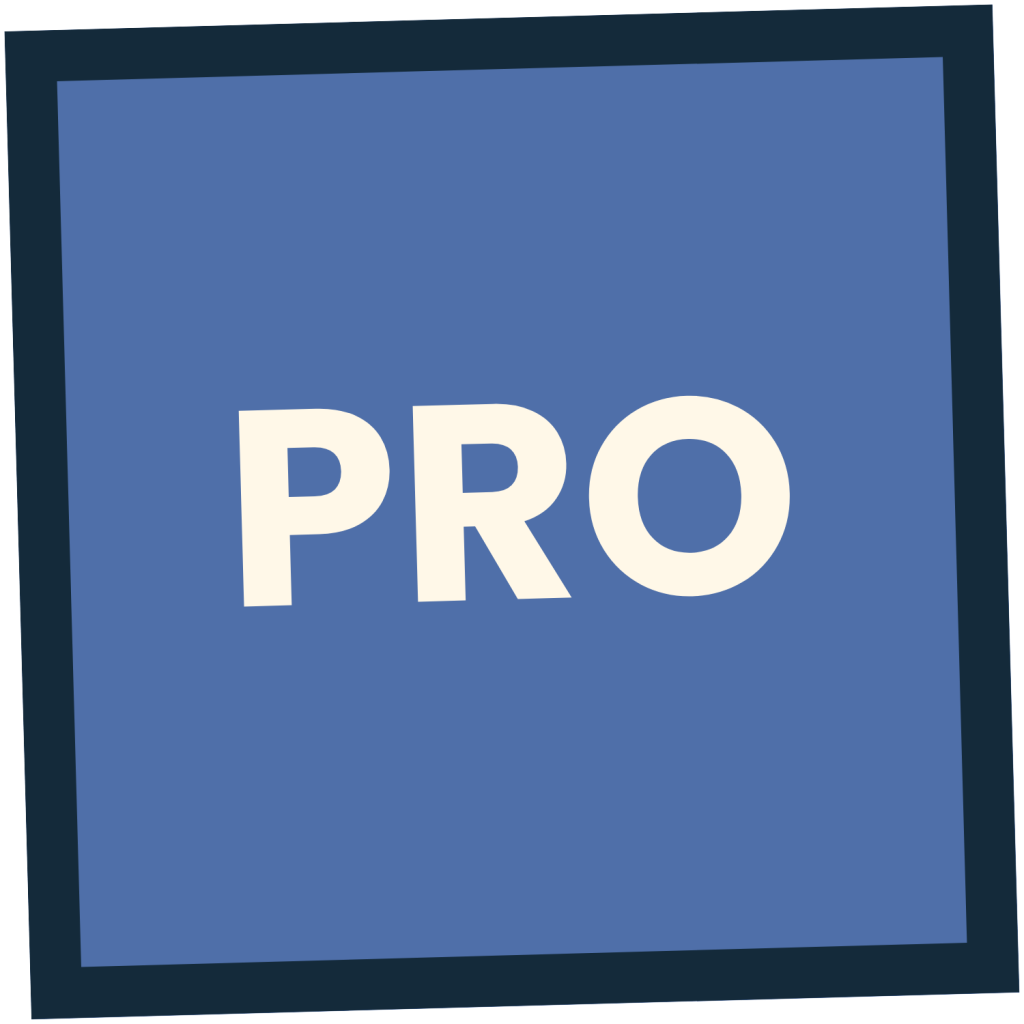 Bold off-white text PRO centered inside a blue square with a dark blue border.