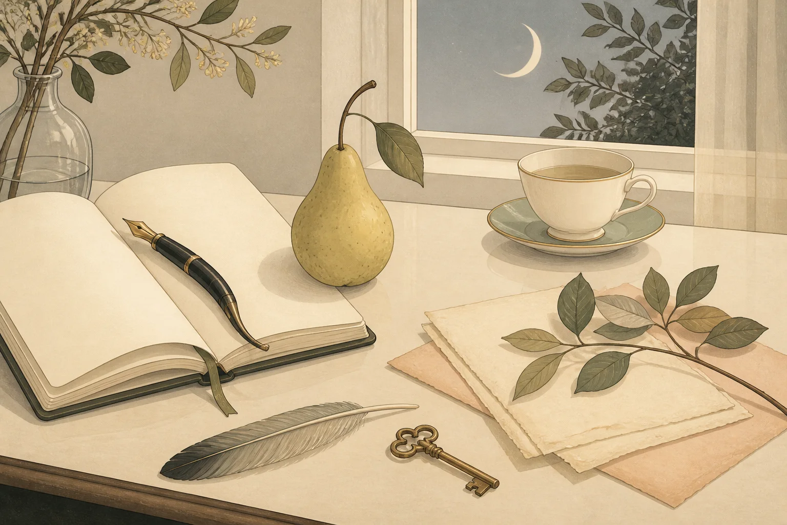 Open notebook with fountain pen, cup of tea, pear, and vintage key on a windowsill under a night sky with a crescent moon.