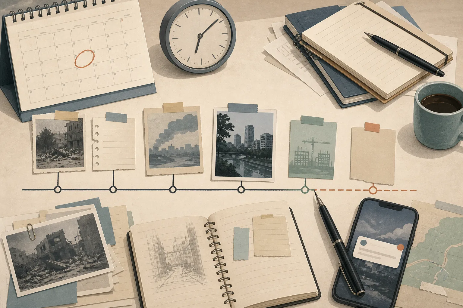 Visual timeline of historical photos, notes, calendar, and clock on a workspace desk, illustrating the basics of journalism.