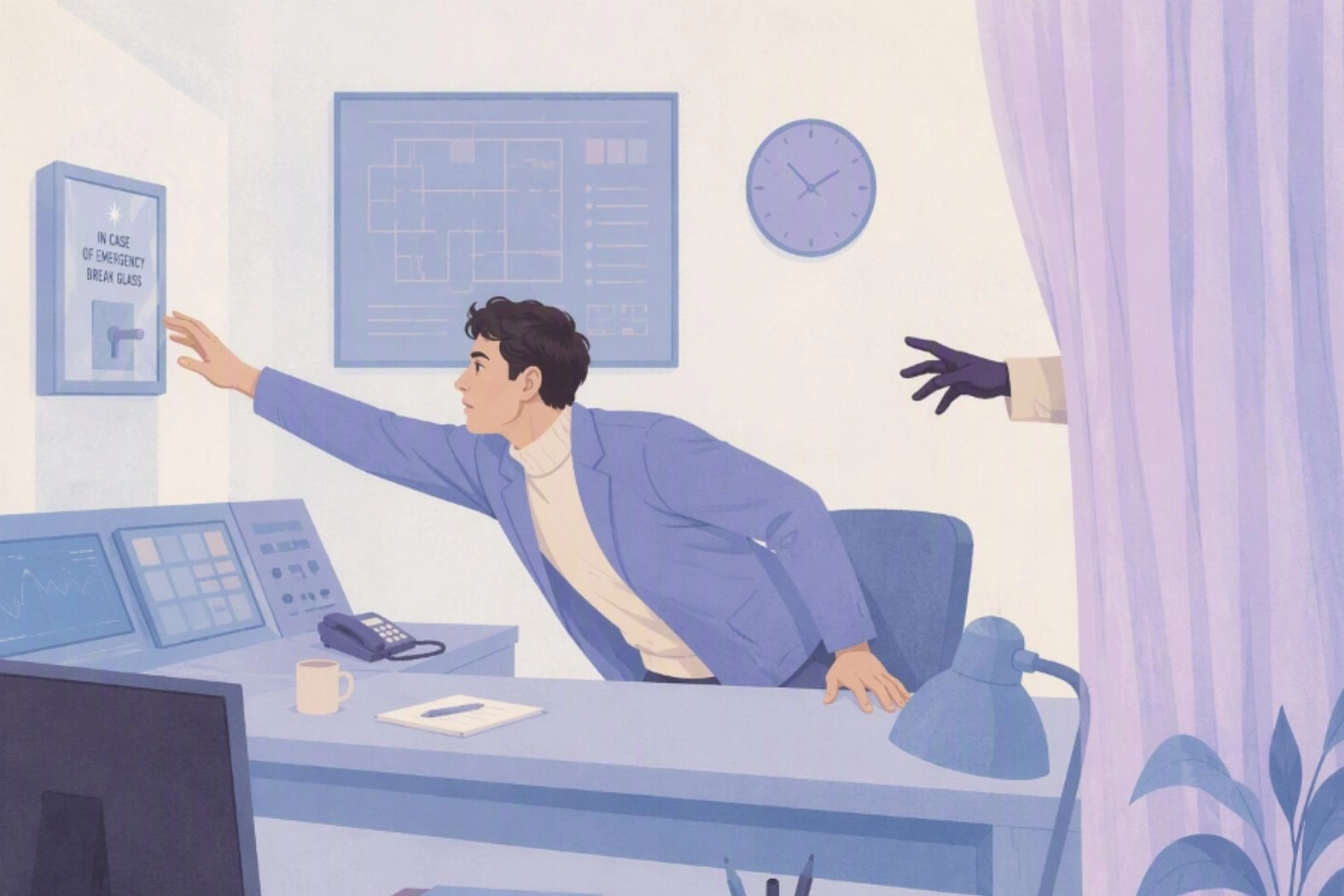 Man reaching for an emergency button at a desk while a gloved hand emerges from behind a curtain.