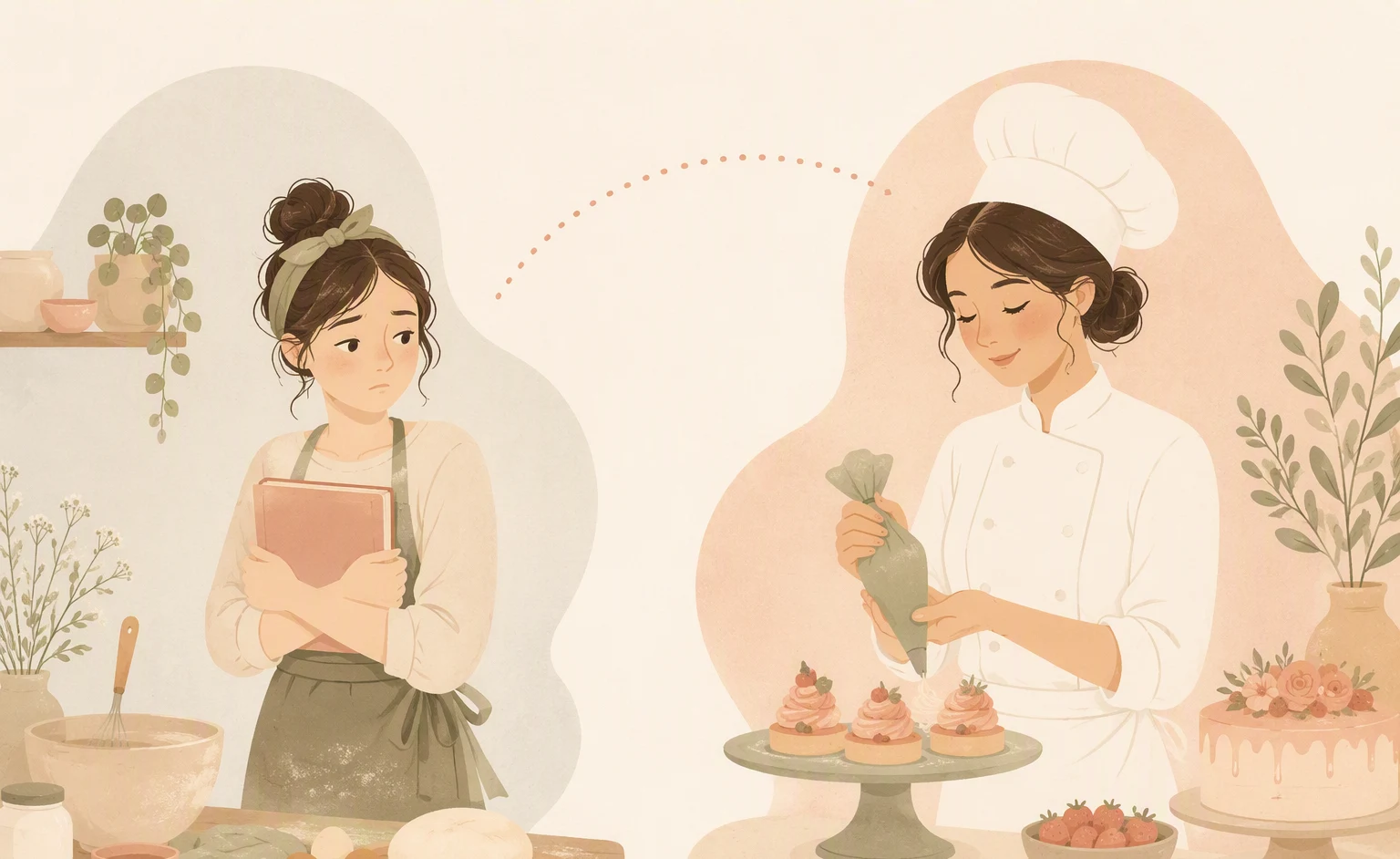 Humble beginner to confident chef; character transformation,