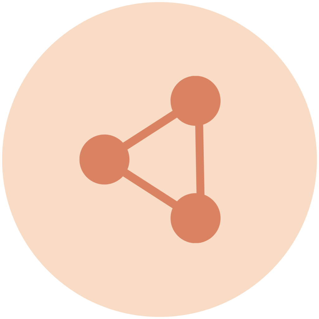 A triangle with circles in each corner on a light pinkish-beige circular background.