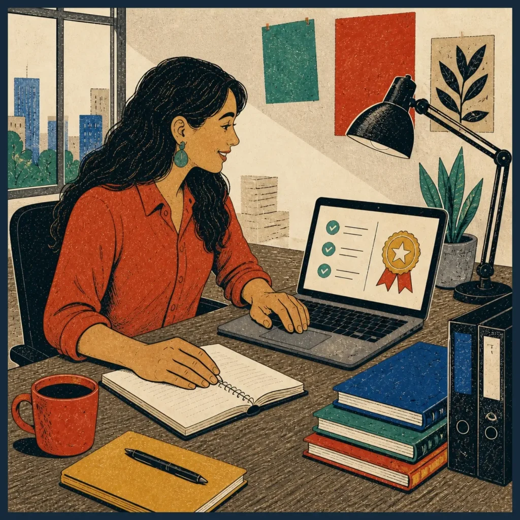 Woman completing an online course and receiving a digital certificate on her laptop at a desk, demonstrating an alternative to Udemy.