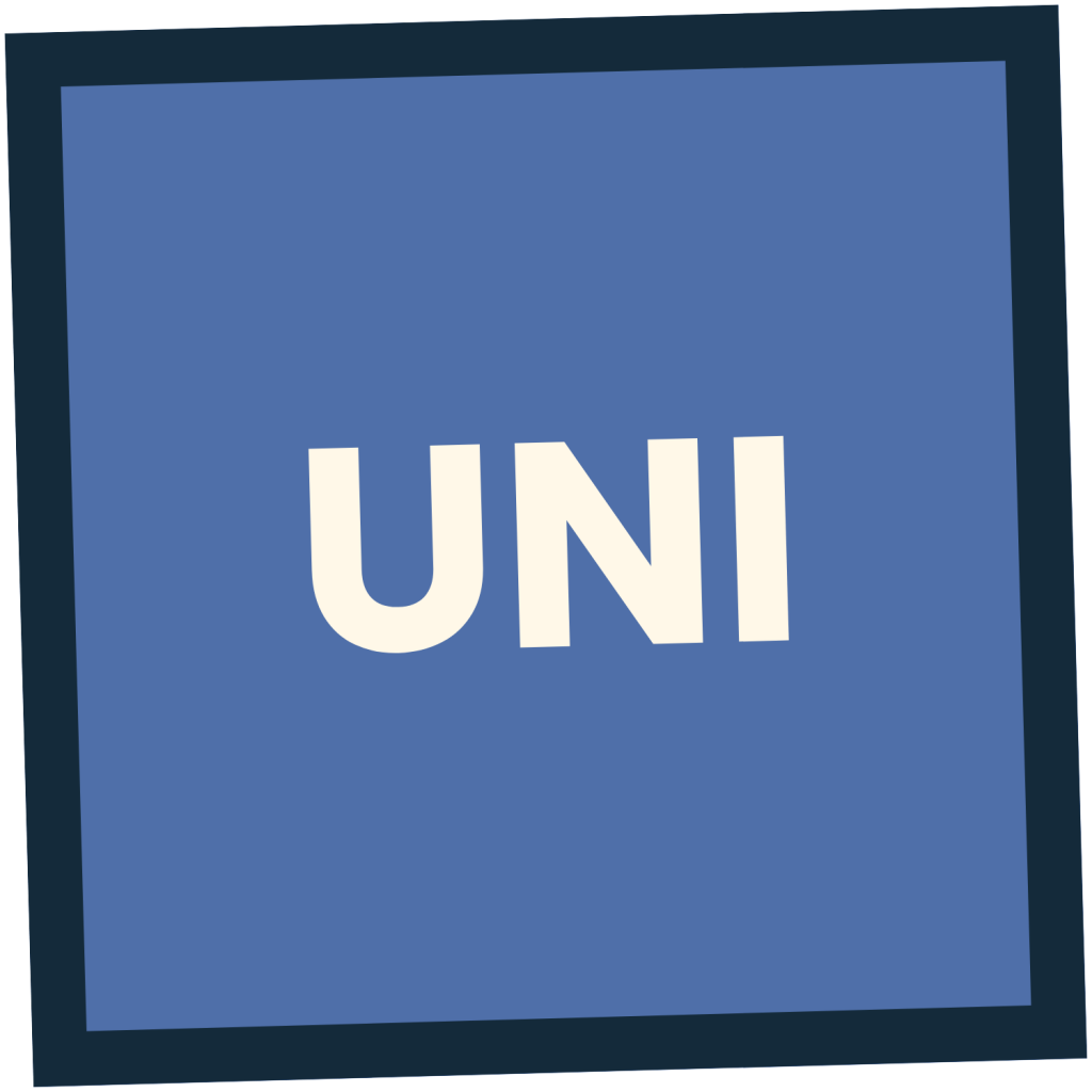 Bold off-white text UNI centered inside a blue square with a dark blue border.