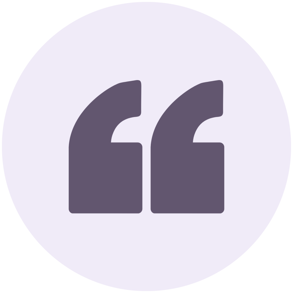 Double quotation marks icon inside a light purple circle.