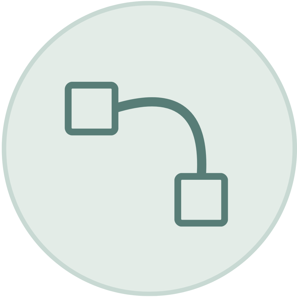 Green outline icon of two connected square nodes with a curved line inside a light blue-green circle.
