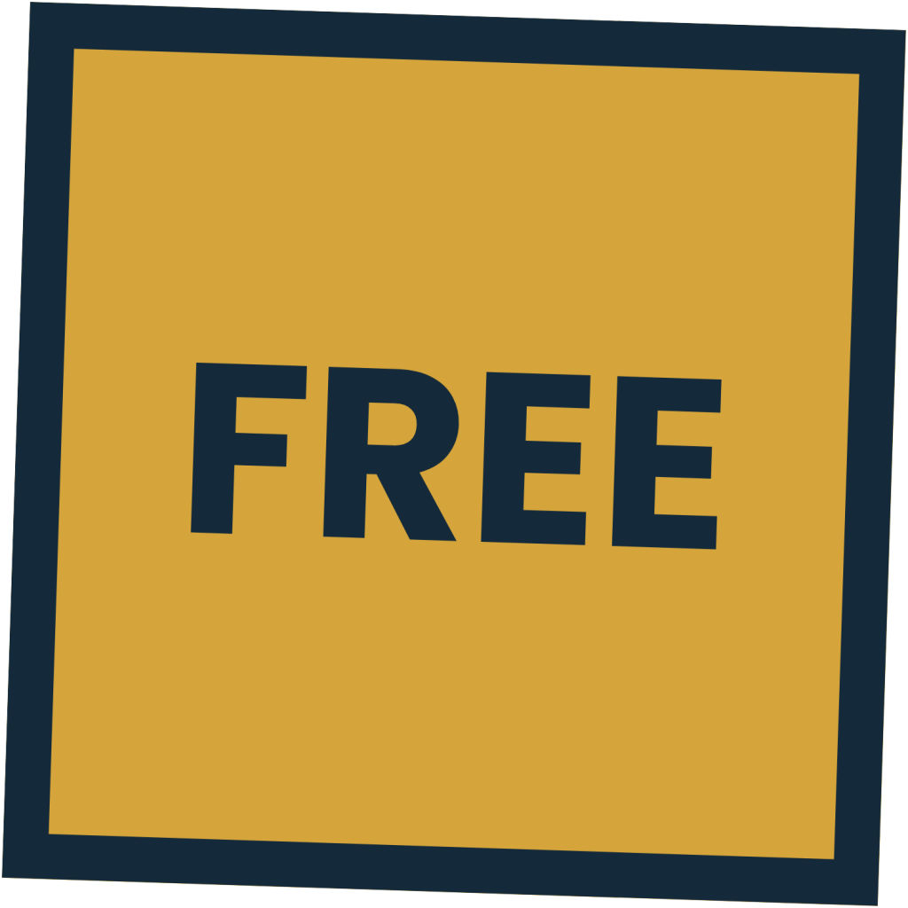 Bold dark blue text FREE centered inside a mustard yellow square with a matching dark blue border.