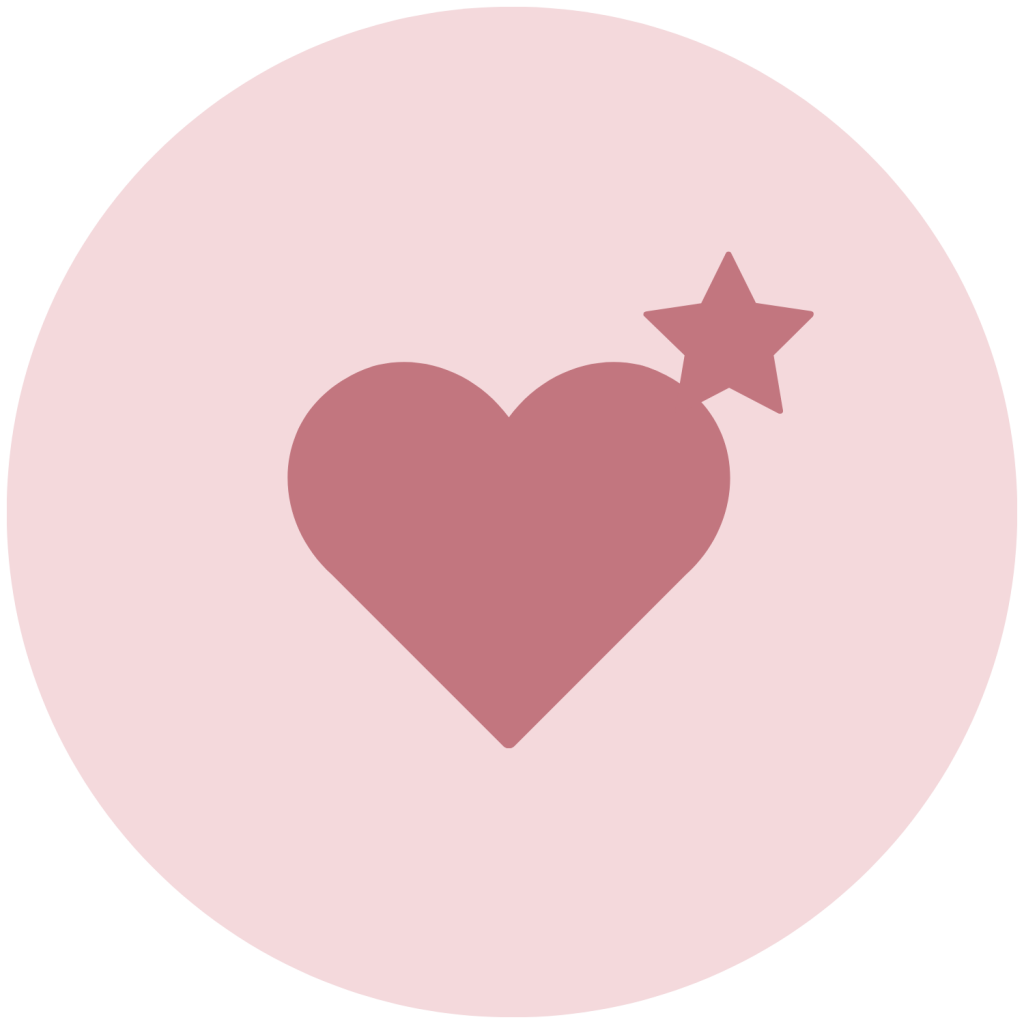 A mauve heart with star centered within a pastel pink circle.