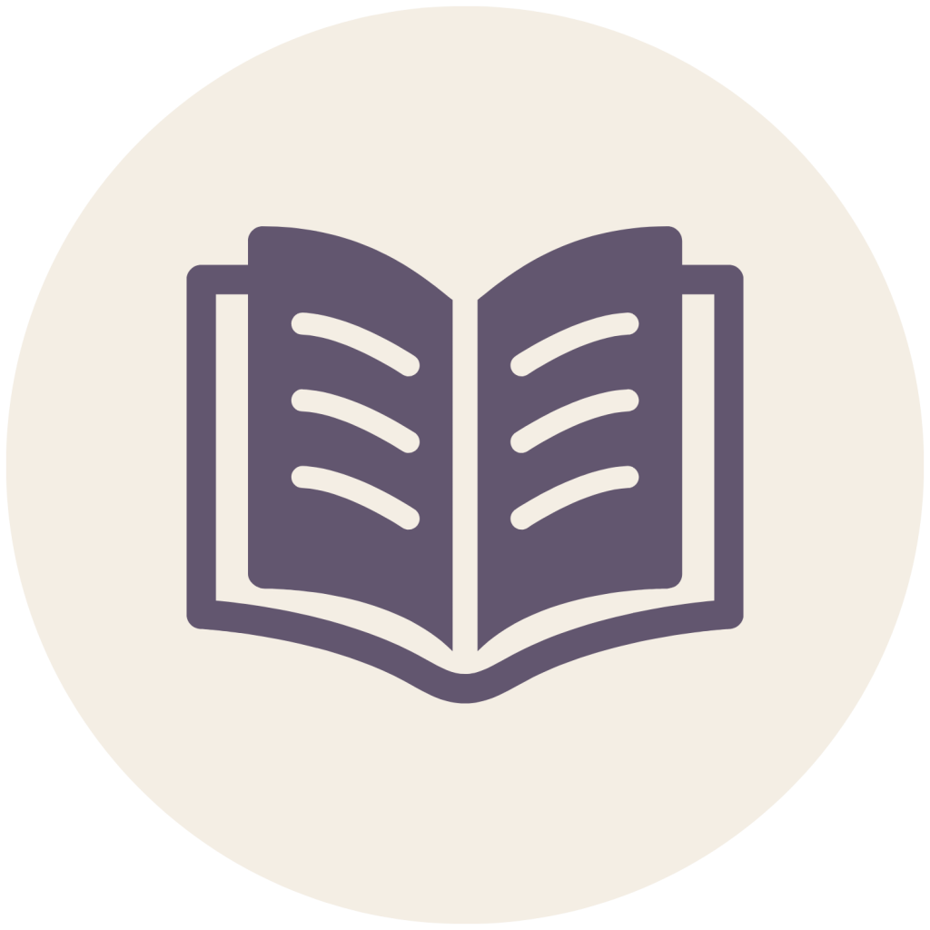 Open book icon inside a light beige circle.