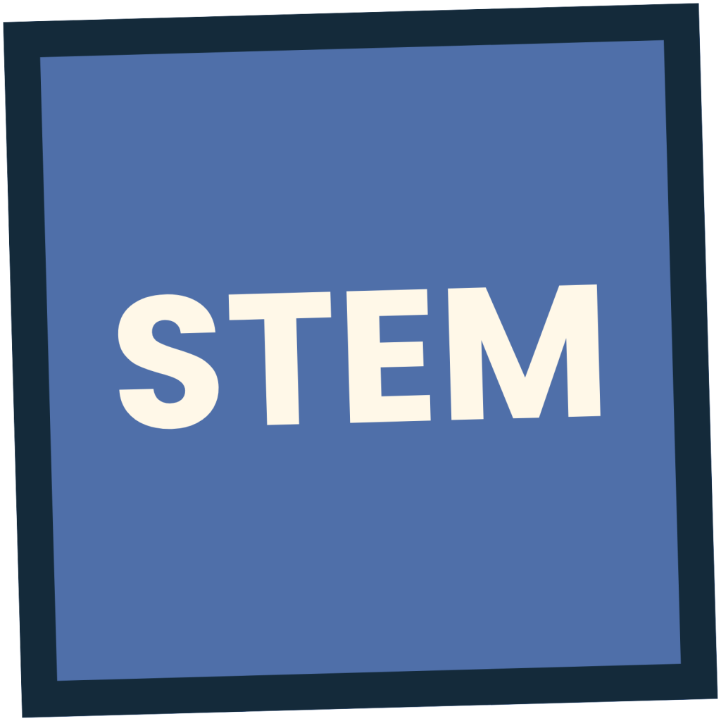 Bold off-white text STEM centered inside a blue square with a dark blue border.