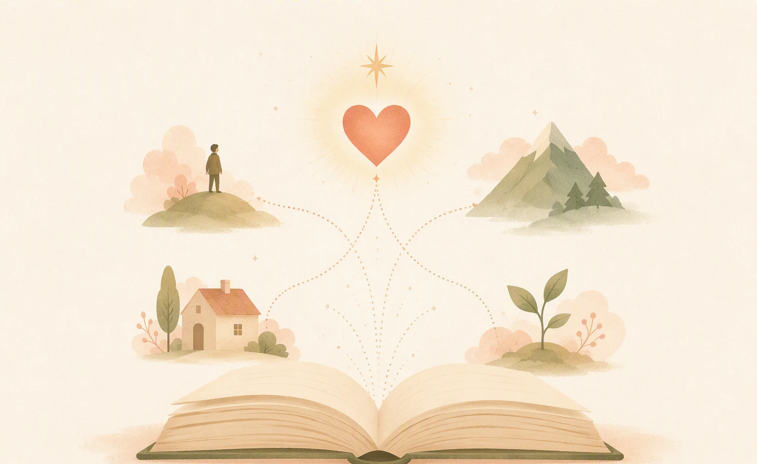 An open book with illustrations of setting, character, conflict, and theme: the core elements of a story.