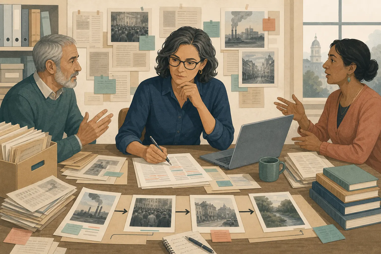 Editorial team reviewing investigation notes, photos, and document drafts around a table, demonstrating the basics of journalism.