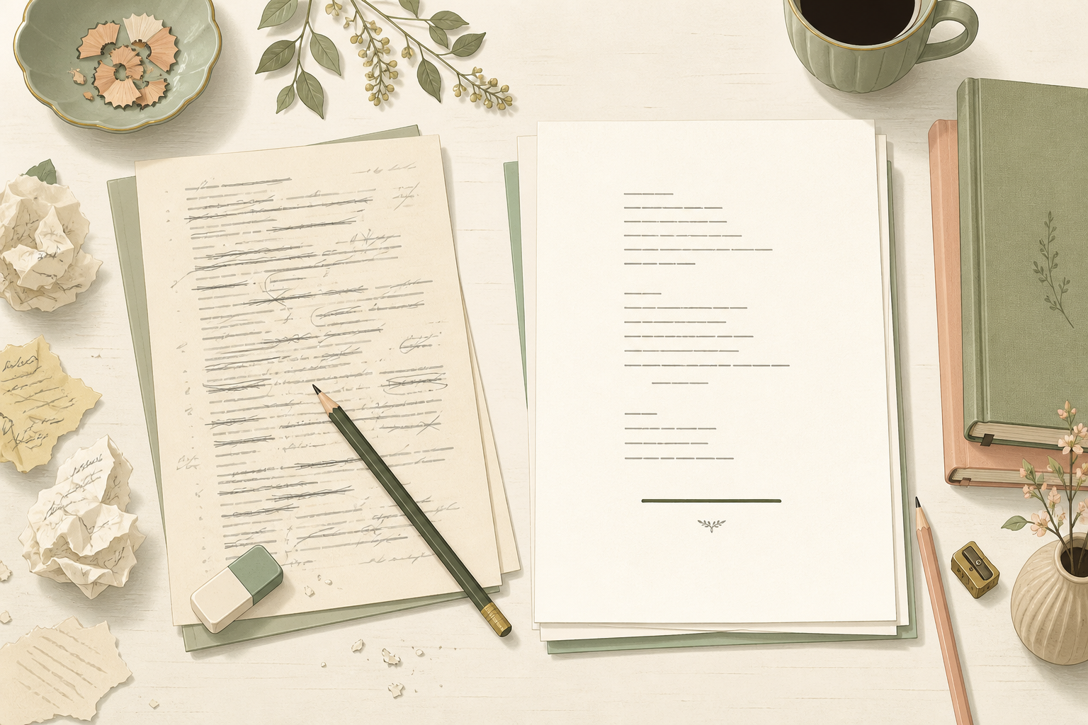 Desk with handwritten draft pages, pencils, eraser, and crumpled paper showing the editing process for how to write a poem.