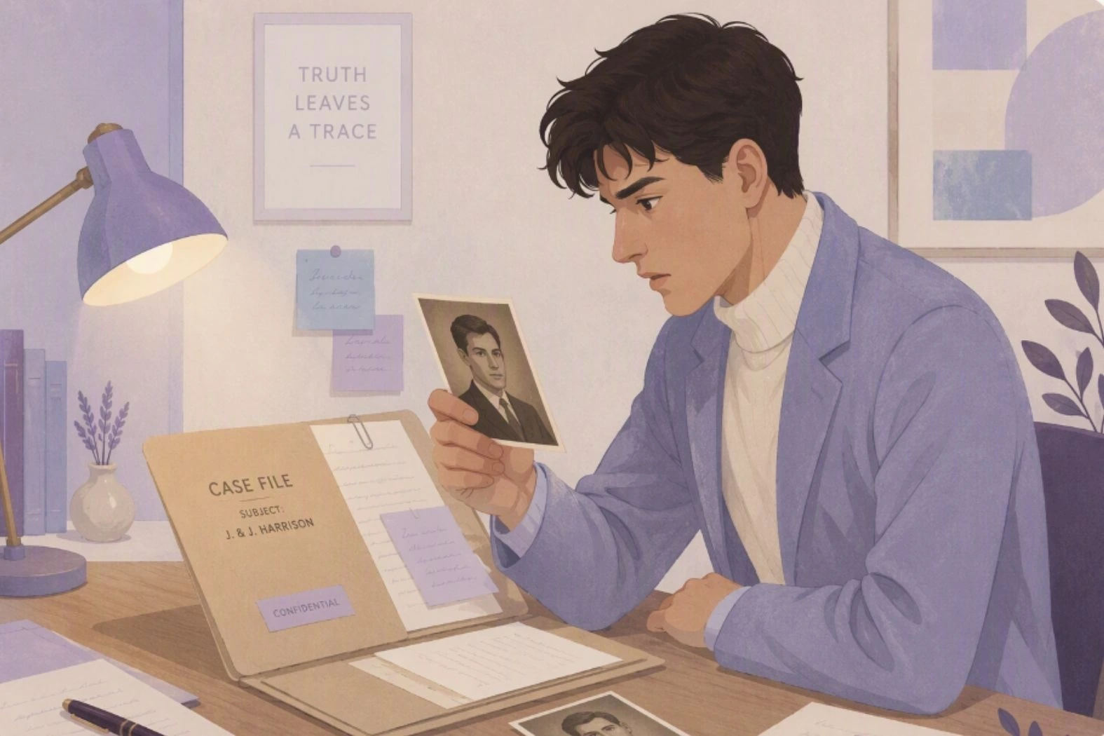 Man at a desk inspecting an old portrait photo from an open confidential case file folder.