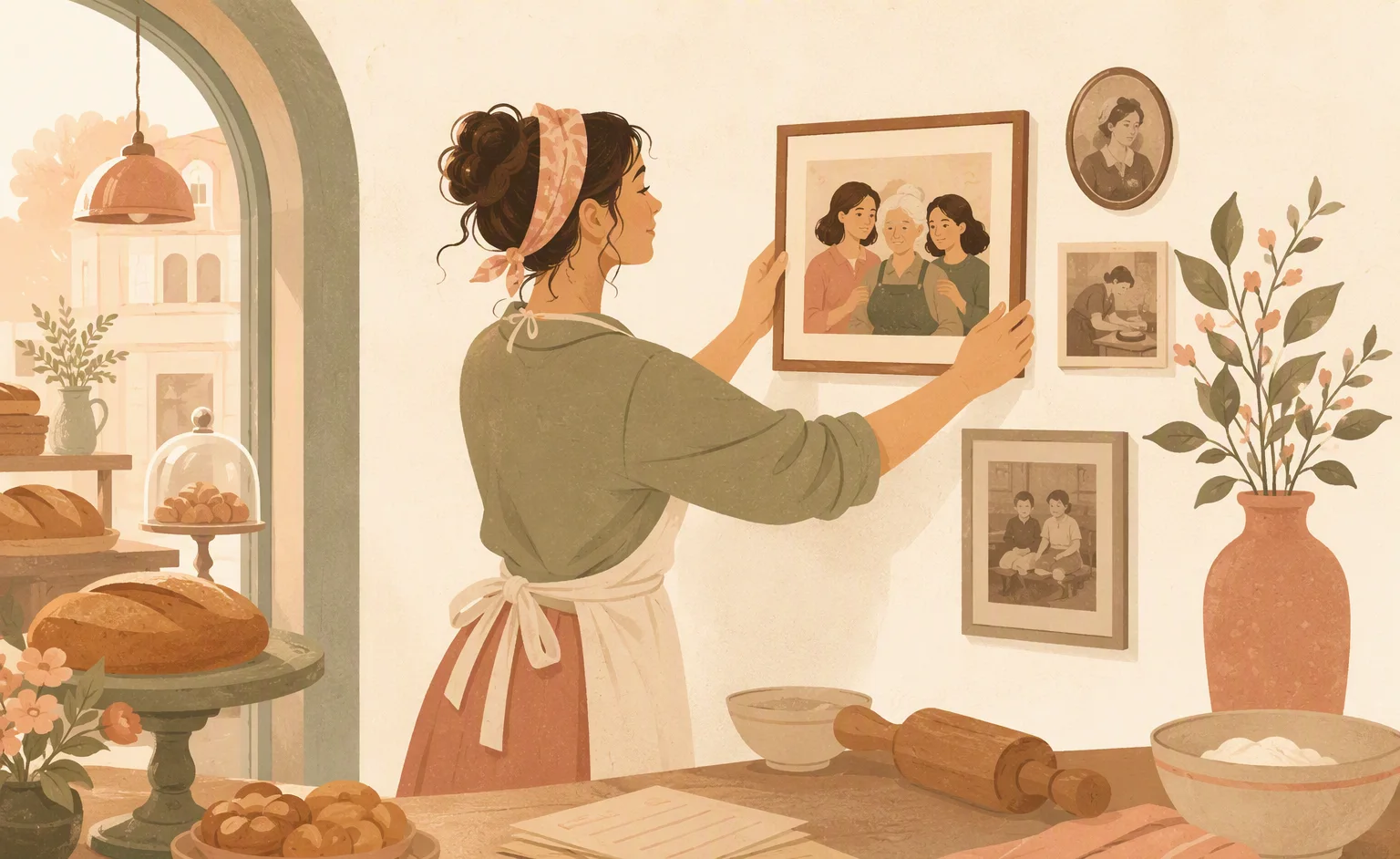 Baker hanging a multi-generational photo,