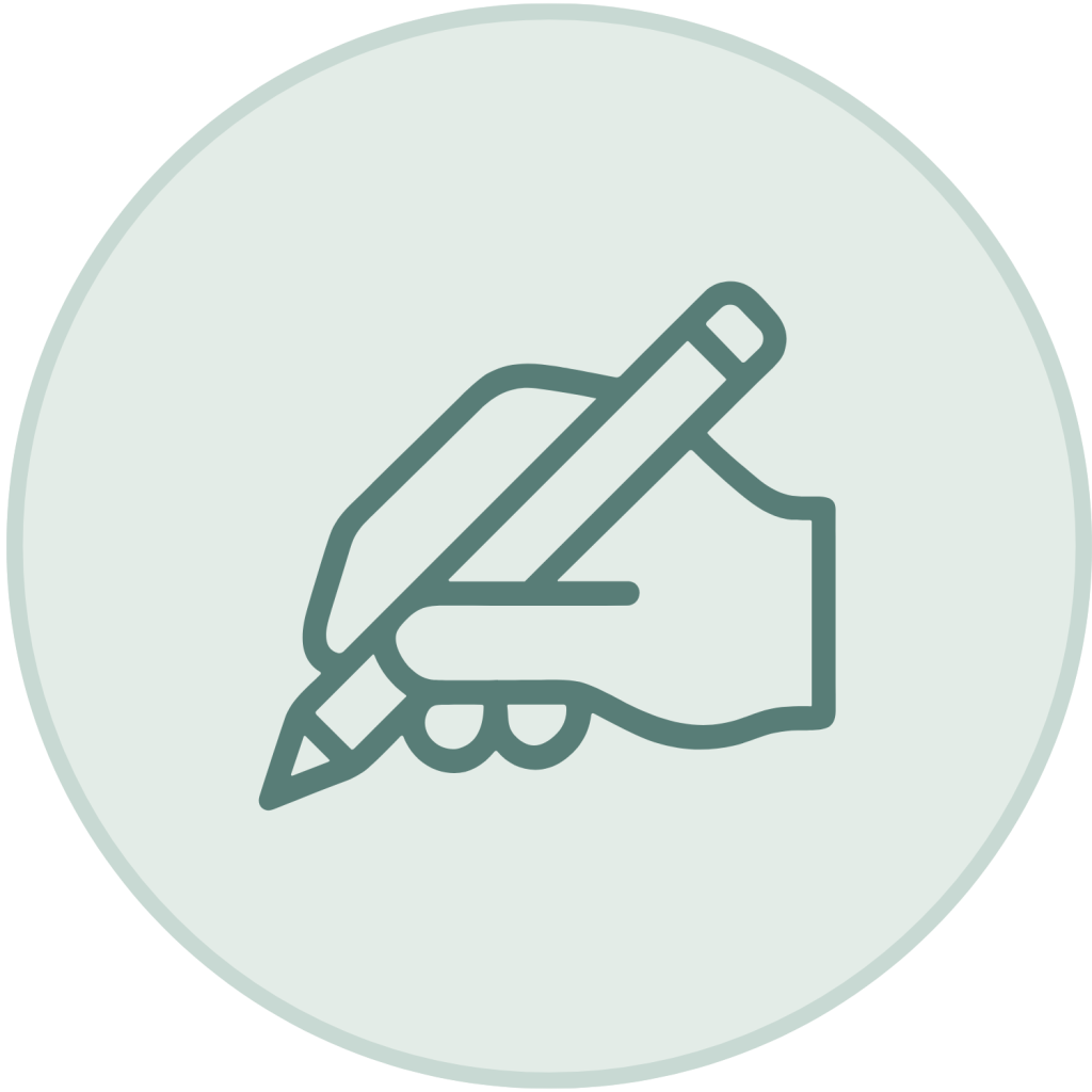 Green outline icon of a hand holding a pencil to write or sketch inside a light blue-green circle.