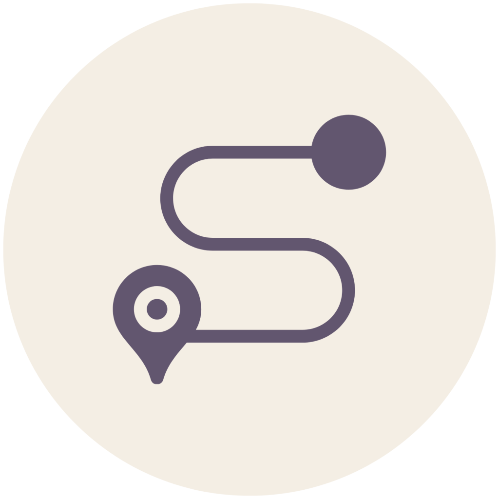 Route path icon with start point and destination pin inside a light beige circle.