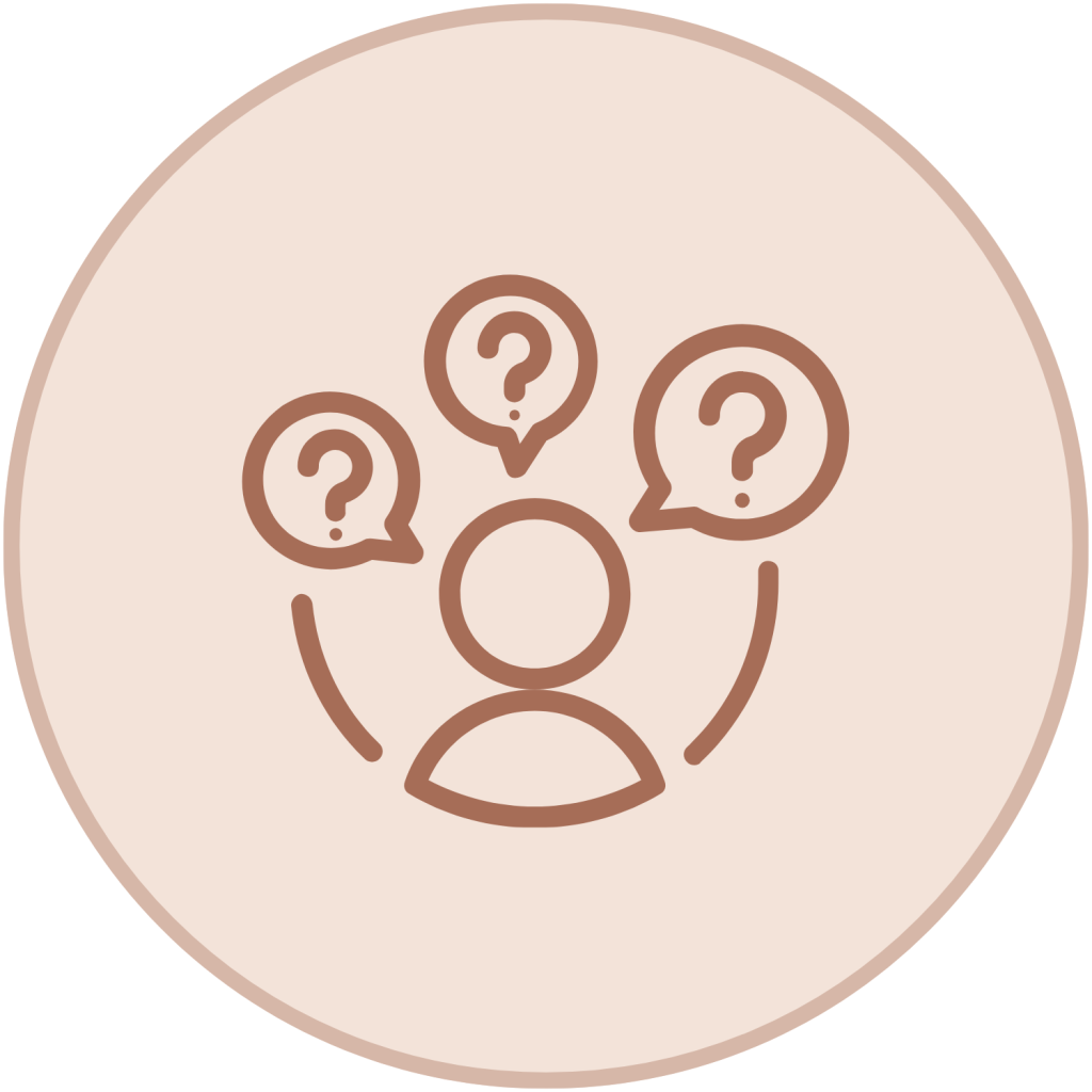 Brown outline icon of a person surrounded by question mark thought bubbles inside a light peach circle.