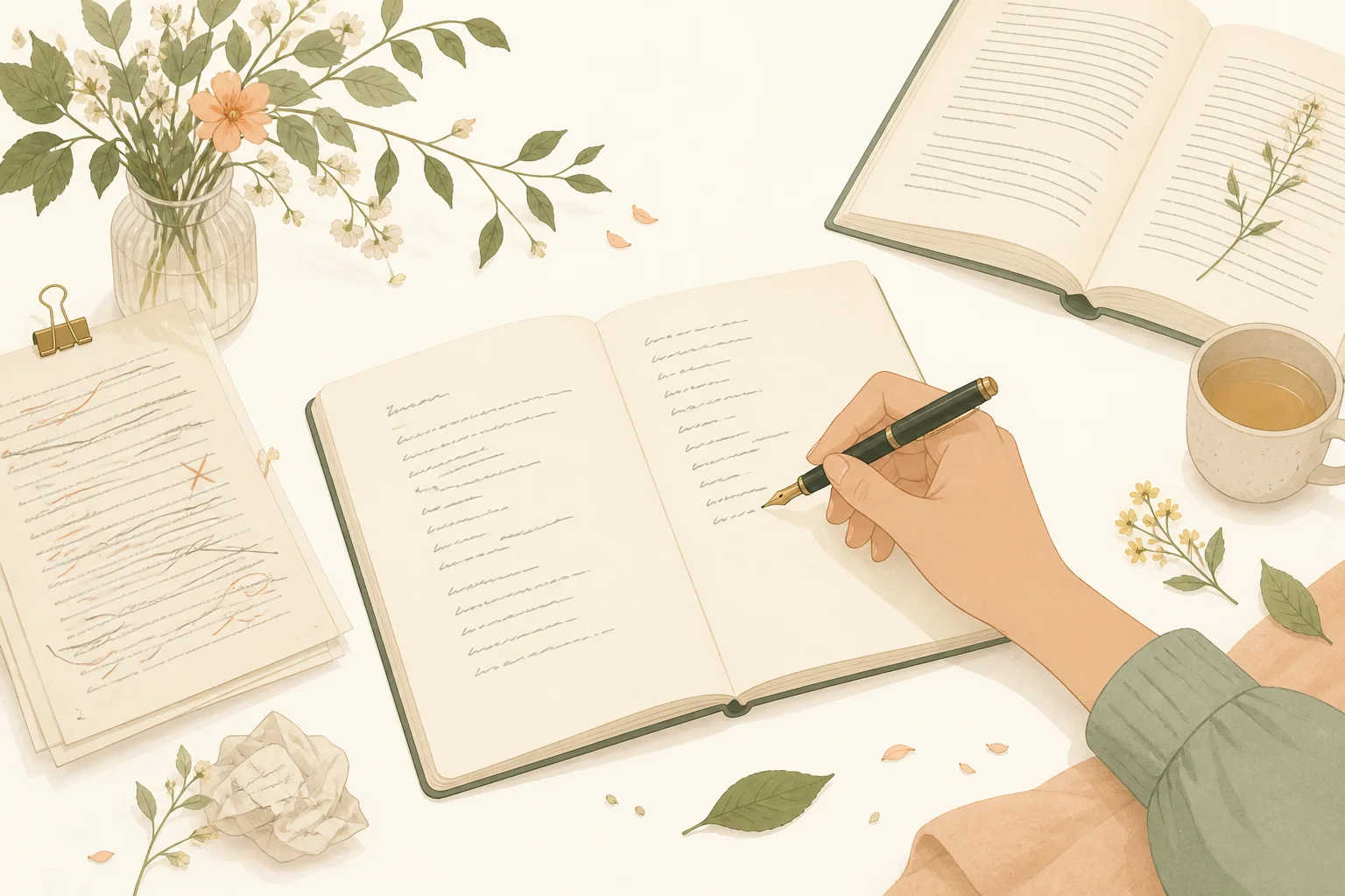 Handwriting lines with a fountain pen in a notebook beside tea, flowers, and drafted pages, illustrating how to write a poem.