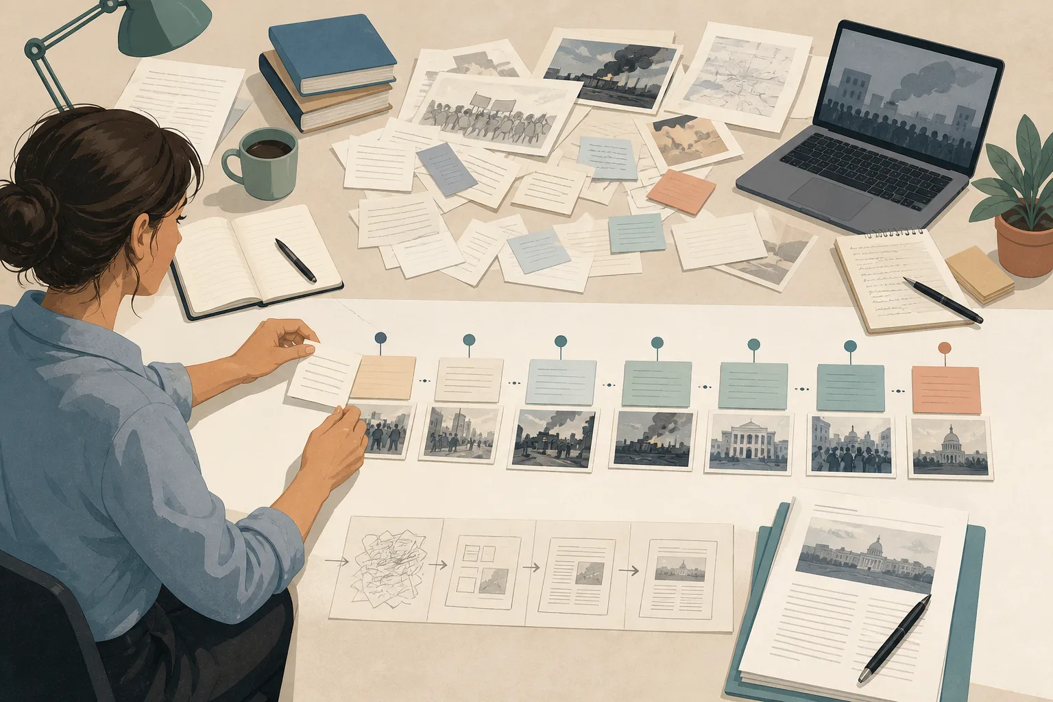 Journalist organizing photos and index cards along an event timeline on a desk, demonstrating the basics of journalism.