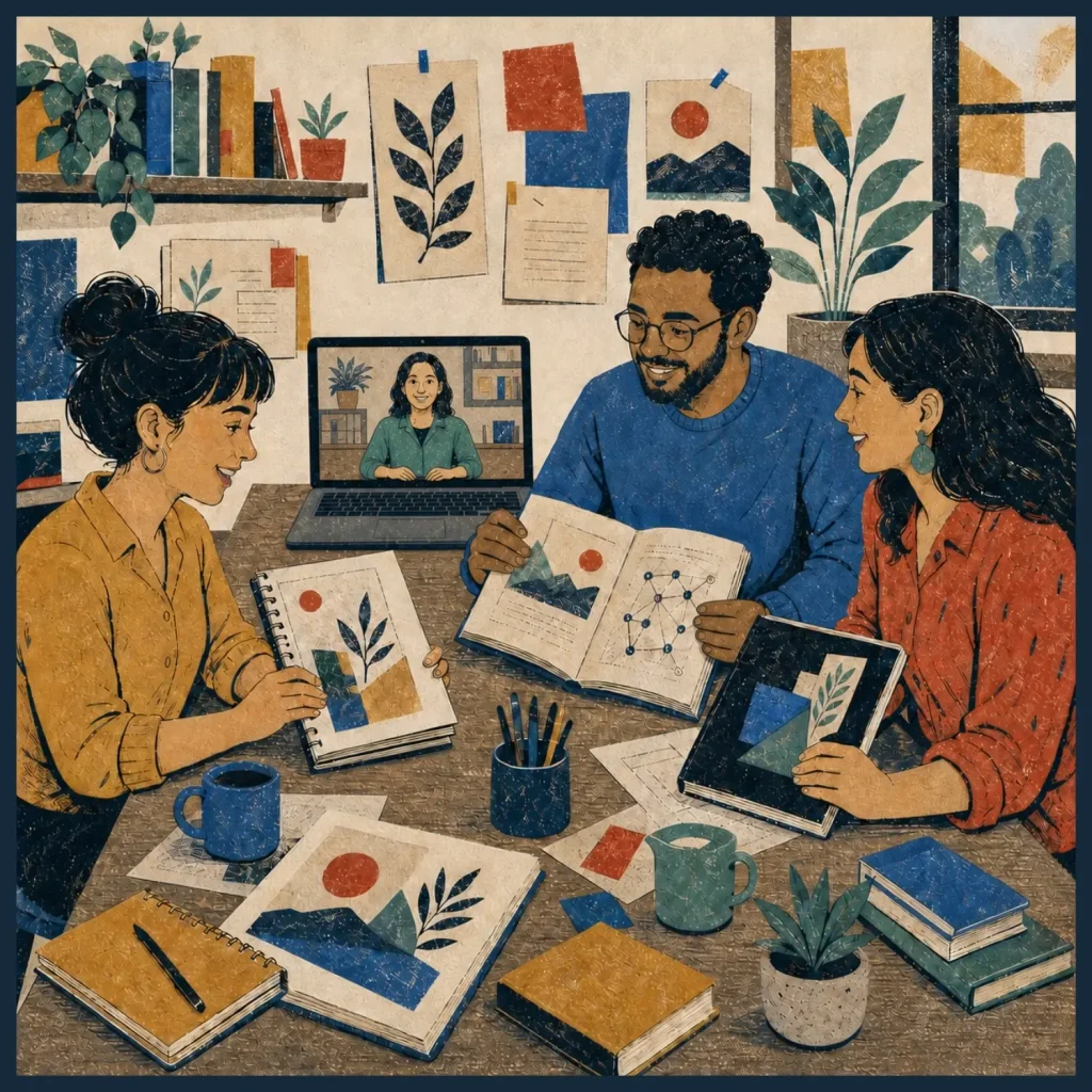Group of learners collaborating around a table with art books, notes, and a remote instructor on a laptop, demonstrating an alternative to Udemy.