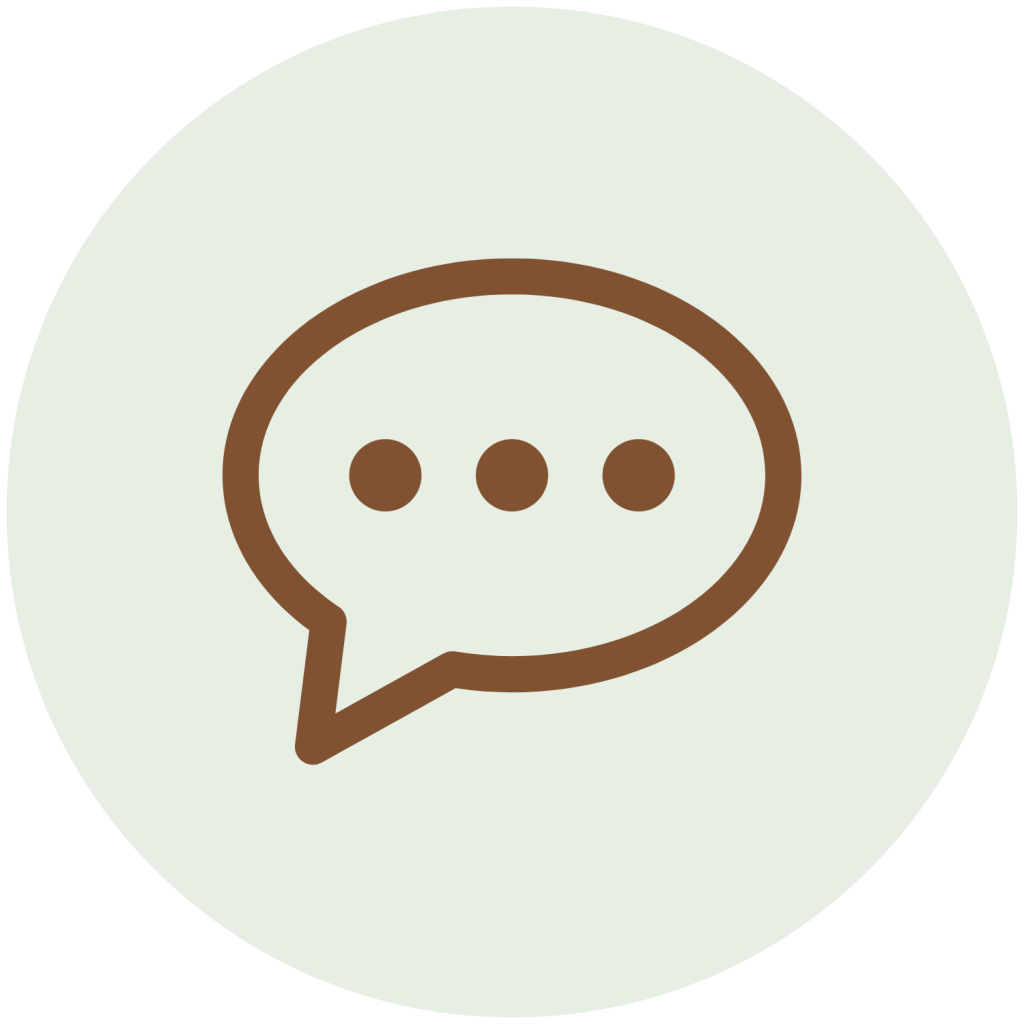 A speech bubble icon, centered in a light green circle.