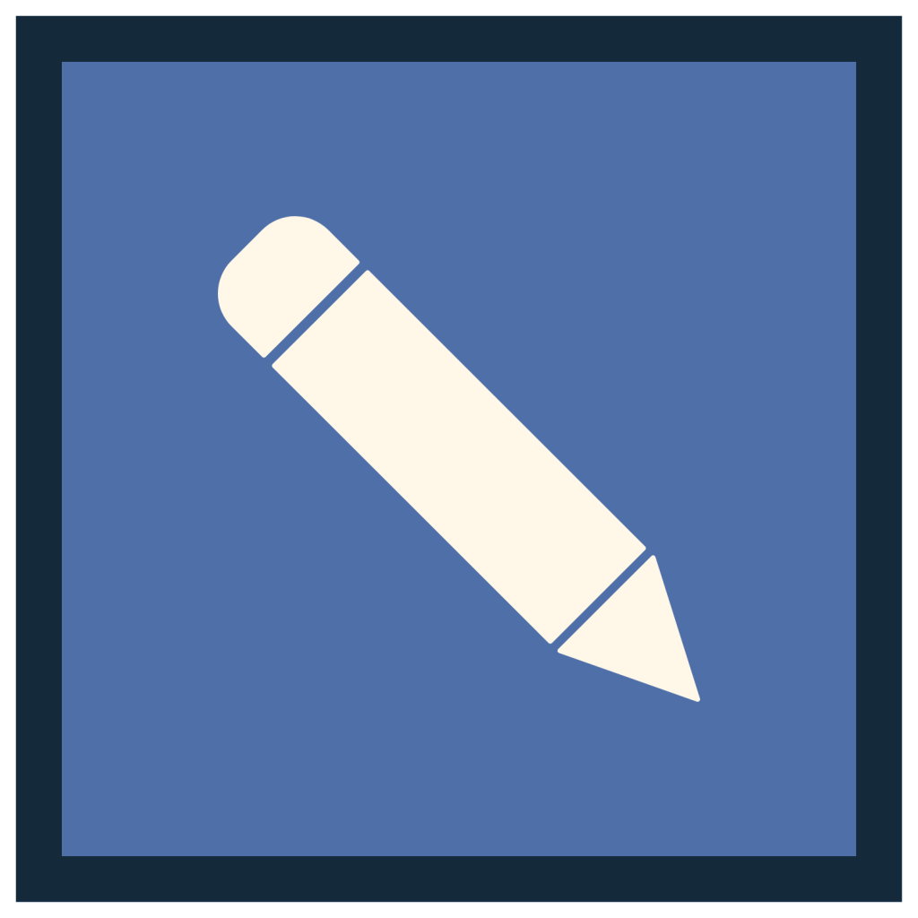 Off-white pencil icon pointing diagonally down and to the right inside a blue square with a dark blue border.