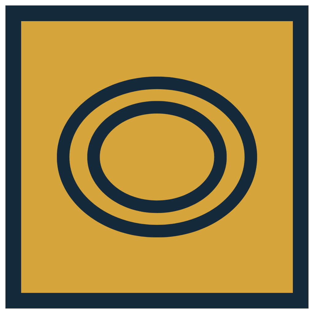 Two dark blue concentric oval outlines centered inside a mustard yellow square with a matching dark blue border.