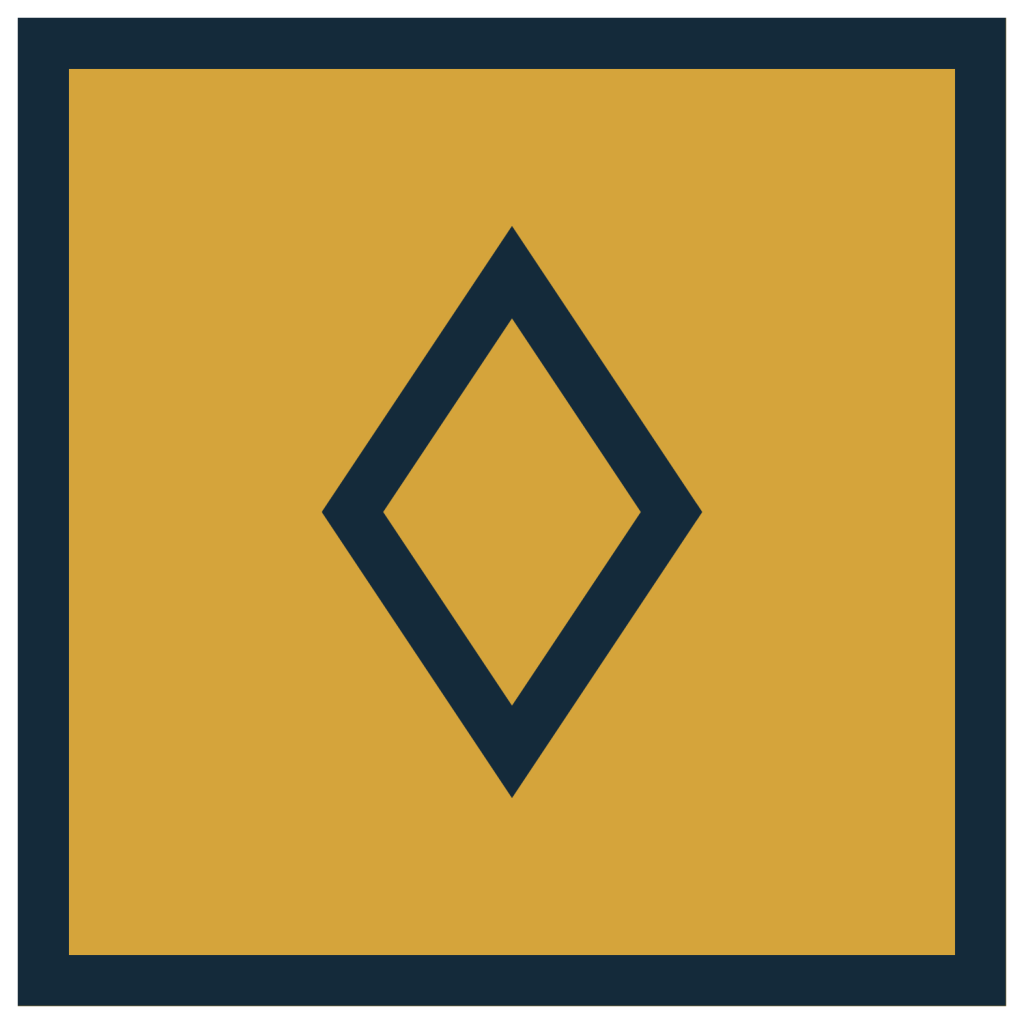 Dark blue diamond outline centered inside a mustard yellow square with a matching dark blue border.