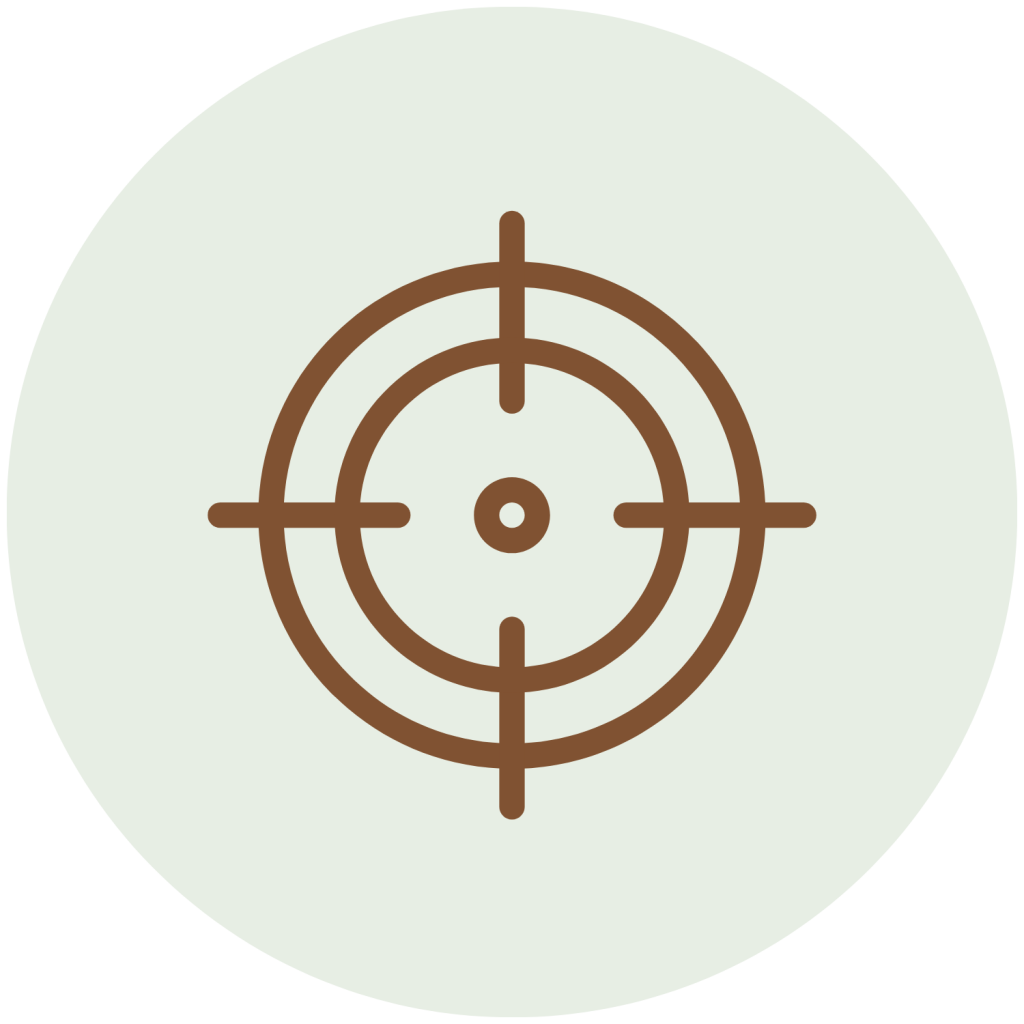 A brown line art target icon with crosshairs, centered in a light green circle.
