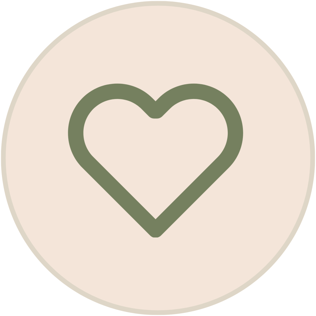 Green outline heart icon inside a light beige circle.