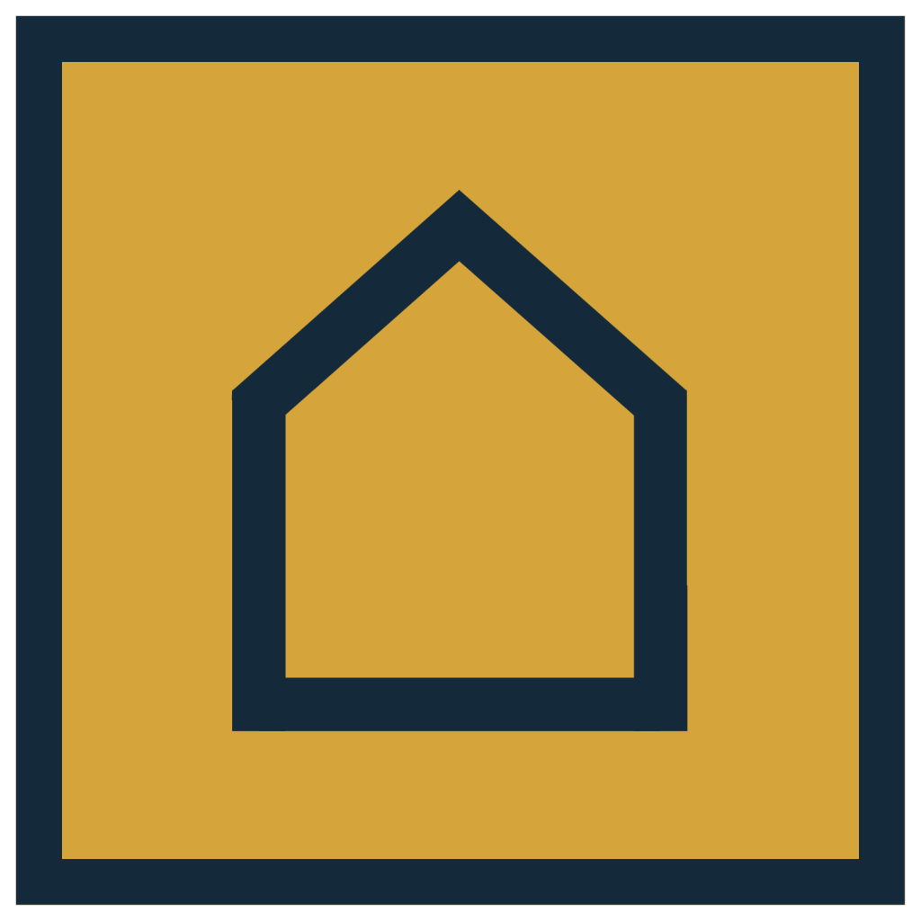 Dark blue house outline centered inside a mustard yellow square with a matching dark blue border.