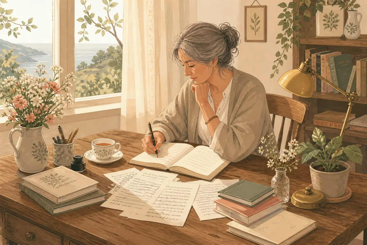 Woman writing in a notebook at a sunlit wooden desk by a window, demonstrating how to write a poem.