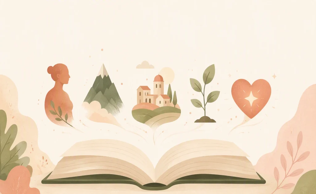 An open book with five icons: person, mountains, town, plant, and heart, representing different elements of a story.