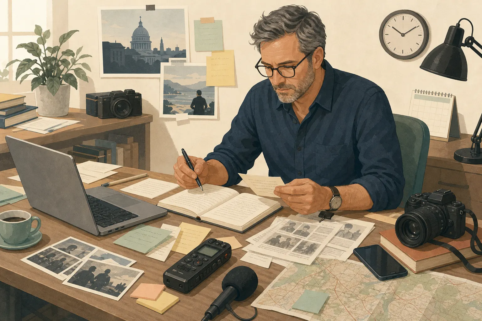 Journalist at a workspace reviewing notes, field recordings, and photos with a laptop and camera, demonstrating the basics of journalism.