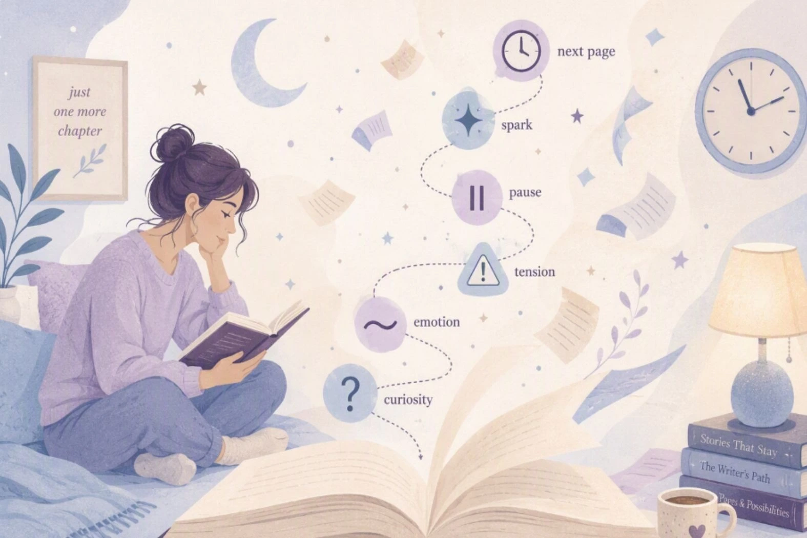 A visual of elements—curiosity, emotion, tension, pause, spark—on a timeline to keep readers hooked.