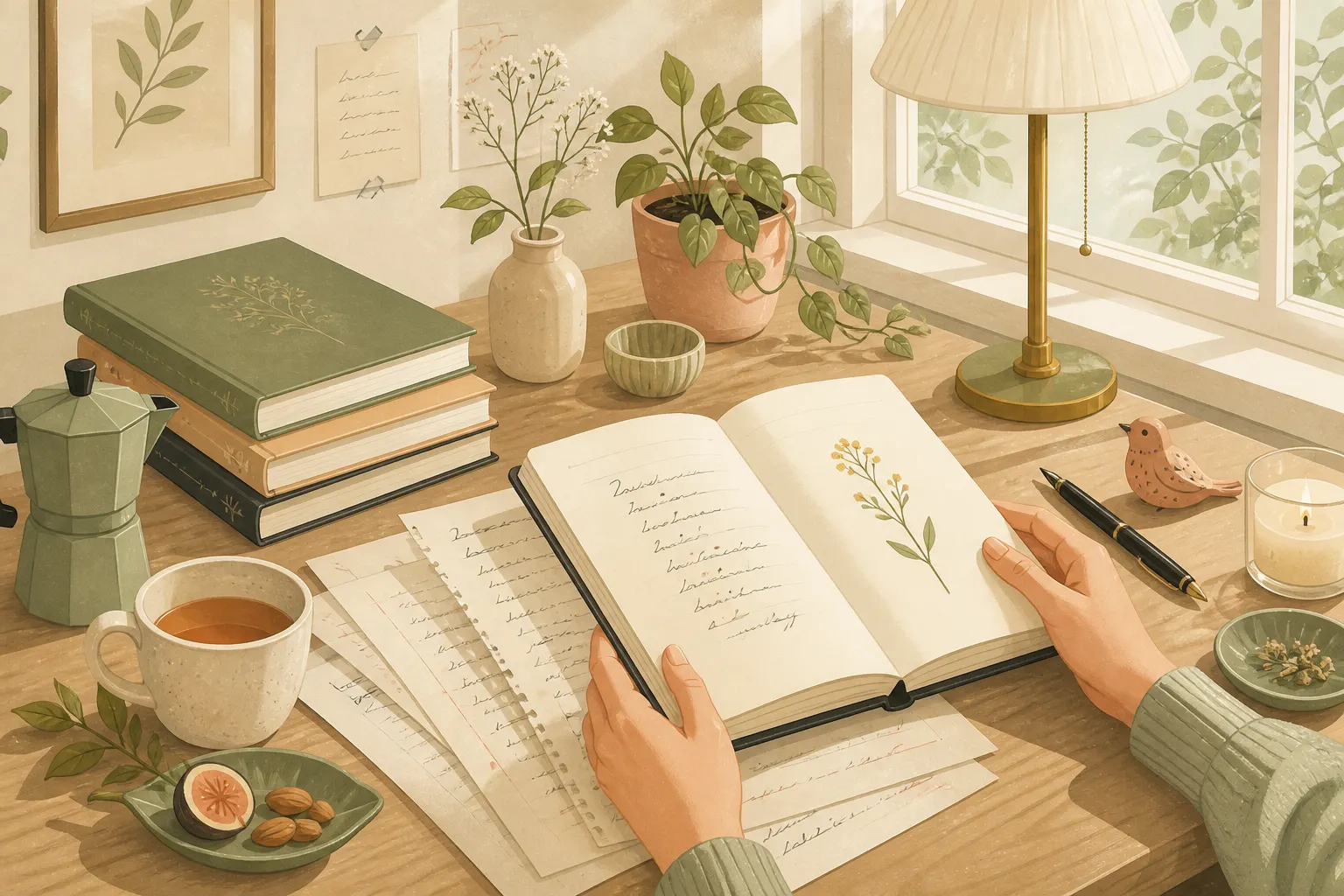Person holding an open notebook with handwritten verses beside tea, potted plants, and books on a sunlit desk, showing how to write a poem.