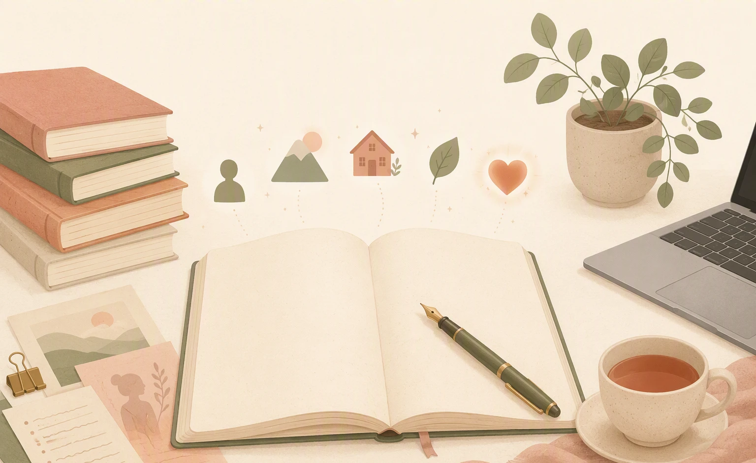 Open journal on a desk with a pen and various icons representing the essential elements of a story.