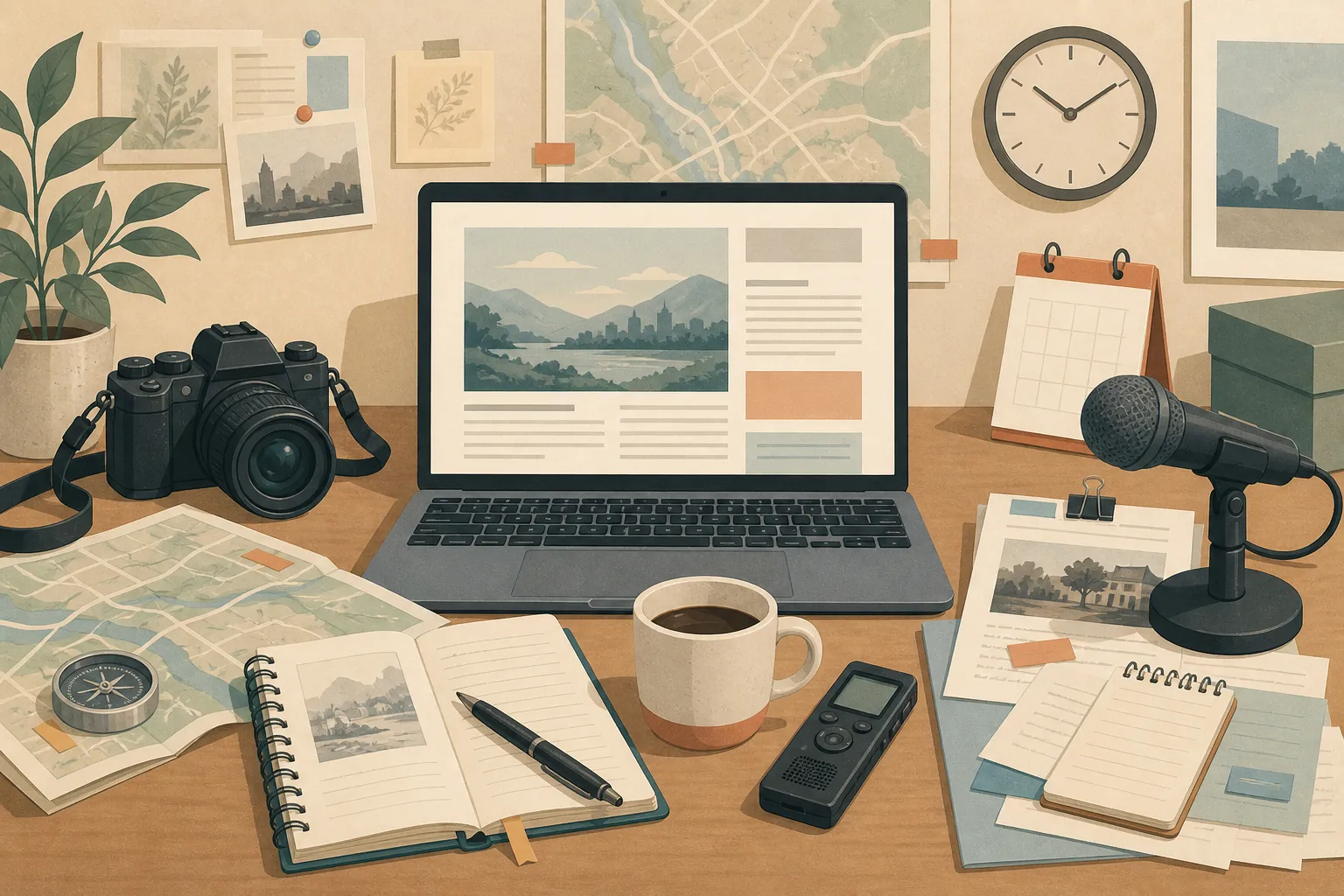 Journalist desk setup with laptop, microphone, camera, maps, recorder, and notebooks, demonstrating the basics of journalism.
