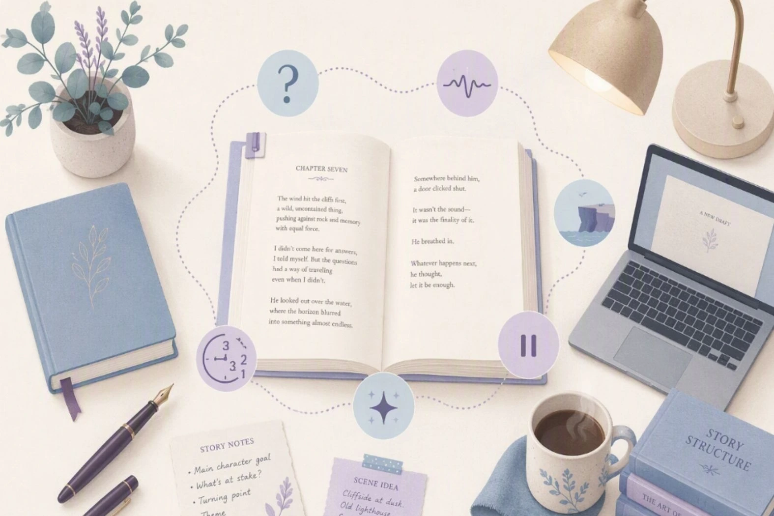 Writer's desk with an open book surrounded by storytelling icons and notes to keep readers hooked.